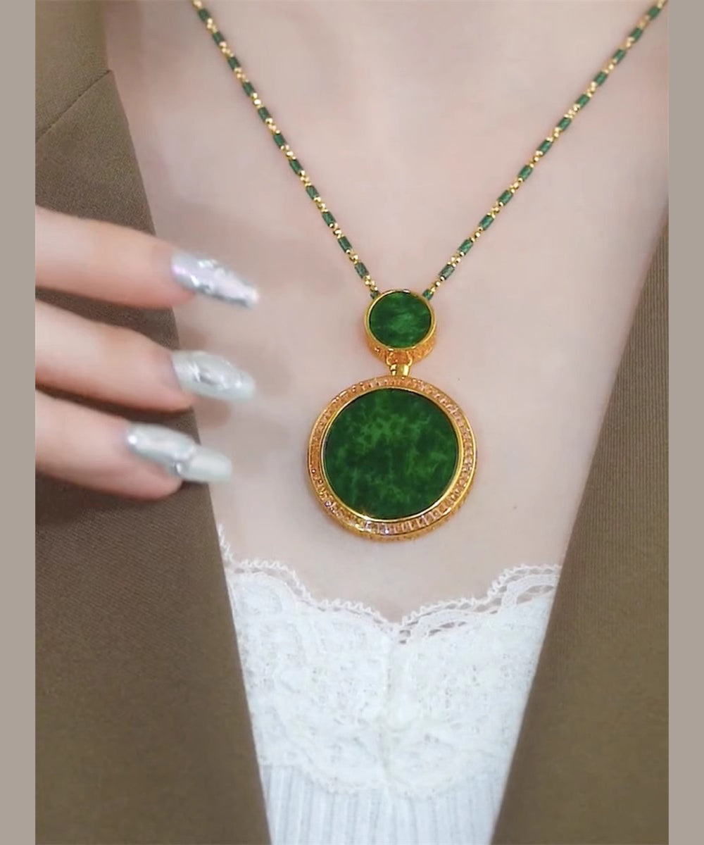 Retro Green Sterling Silver Overgild Inlaid Jade Ping Buckle Pendant Necklace YA050 ABC