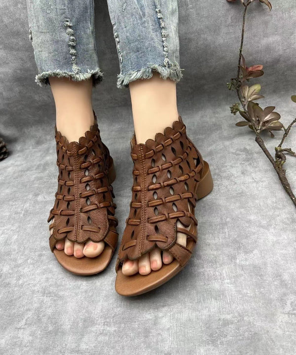 Retro Hollow Out Chunky Sandals Brown Cowhide Leather RT1004 Ada Fashion