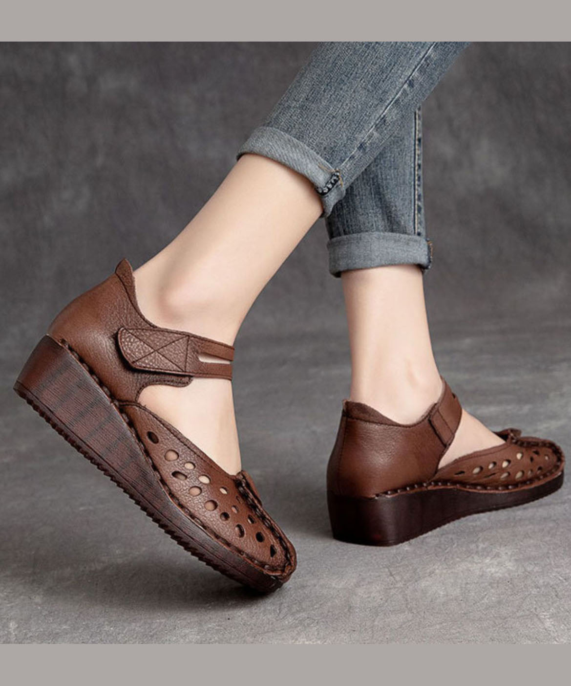 Retro Hollow Out Splicing Wedge Sandals Brown Cowhide Leather JJ032 Shoe-LX240609