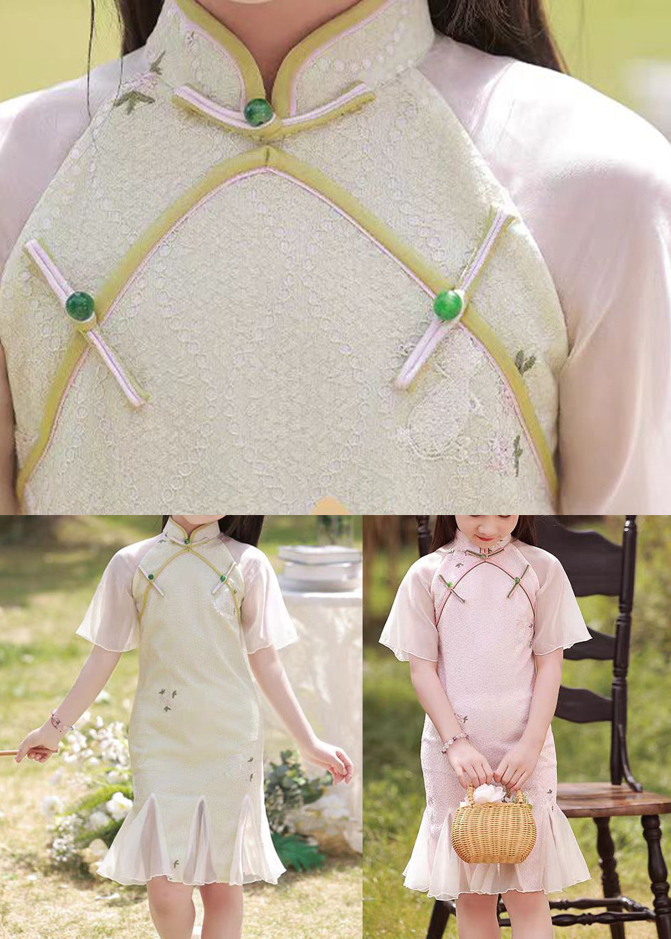 Dress Long Patchwork Kids Light Green Ruffled Print Summer Retro FashionChic