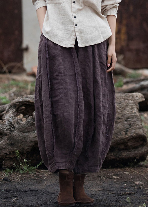 Retro Purple Pockets Elastic Waist Linen Crop Pants Summer QE026 MZF-CPTS240927
