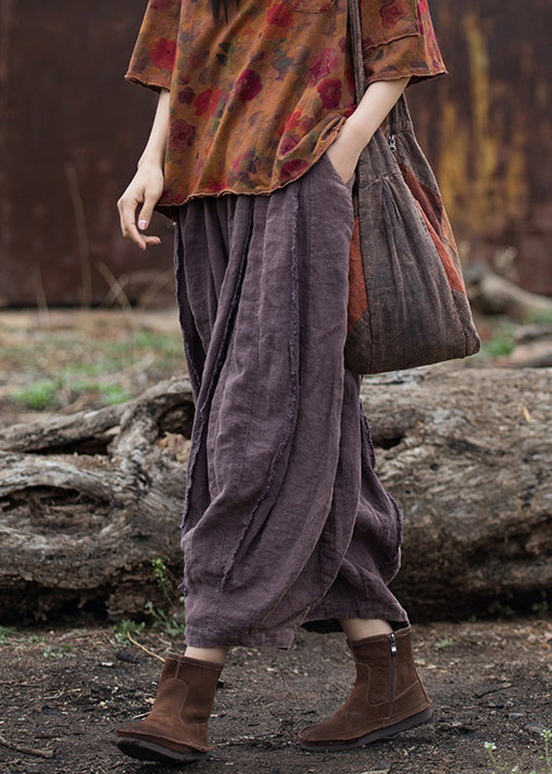 Retro Purple Pockets Elastic Waist Linen Crop Pants Summer QE026 MZF-CPTS240927