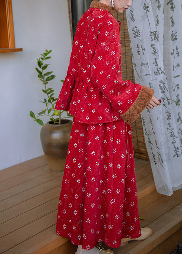 Retro Red Embroidered Patchwork Warm Fleece Sets 2 Pieces Spring TQ010 ABC
