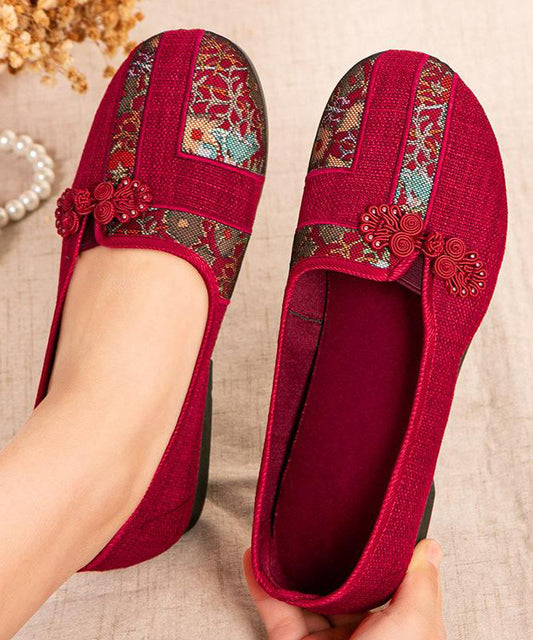 Red Retro Shoes Button Embroidered Splicing Oriental Flat FashionChic