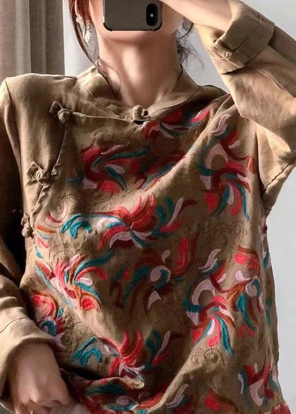 Retro Red Stand Collar Embroidered Linen Shirt Long Sleeve LK027 GK-LTP240710