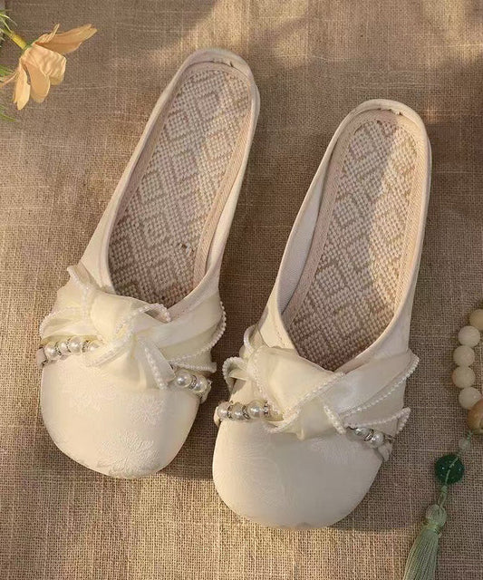 Chunky Splicing Satin Slide Retro Embroidered Sandals White FashionChic