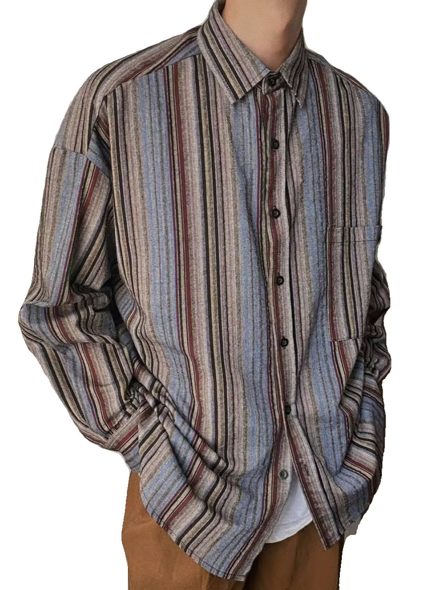 Spring Mens Pockets Button Striped Oversized Cotton Shirts Retro FashionChic
