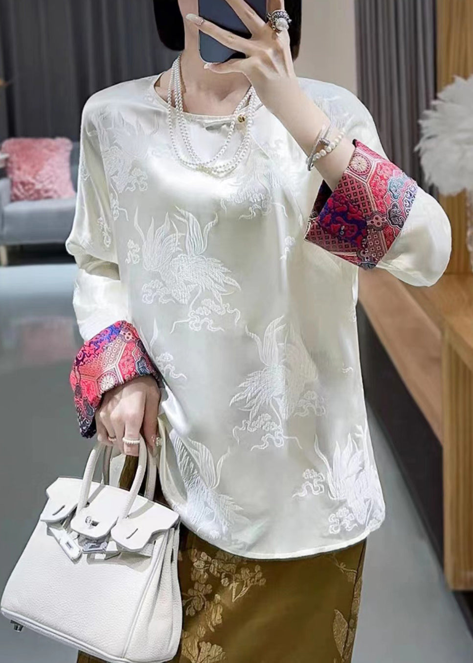 Retro White O Neck Jacquard Silk Blouses Long Sleeve BB025 Hawaii-LTP240622