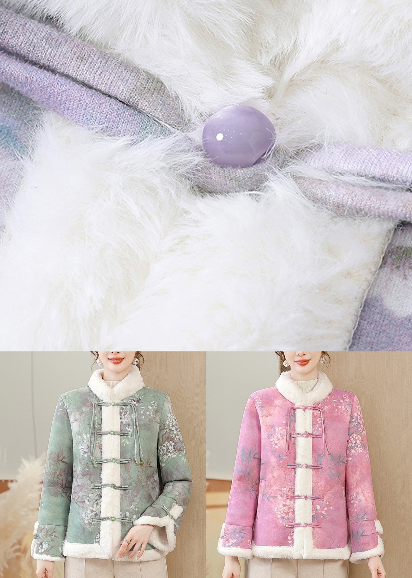 Rose Button Pockets Warm Fleece Winter Parkas Coat Fur Collar RZ026 ABC