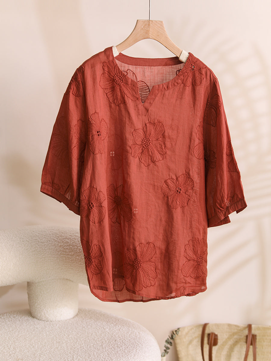 Women Summer Artsy Flower Embroidery Ramie Shirt TY1036 Ada Fashion