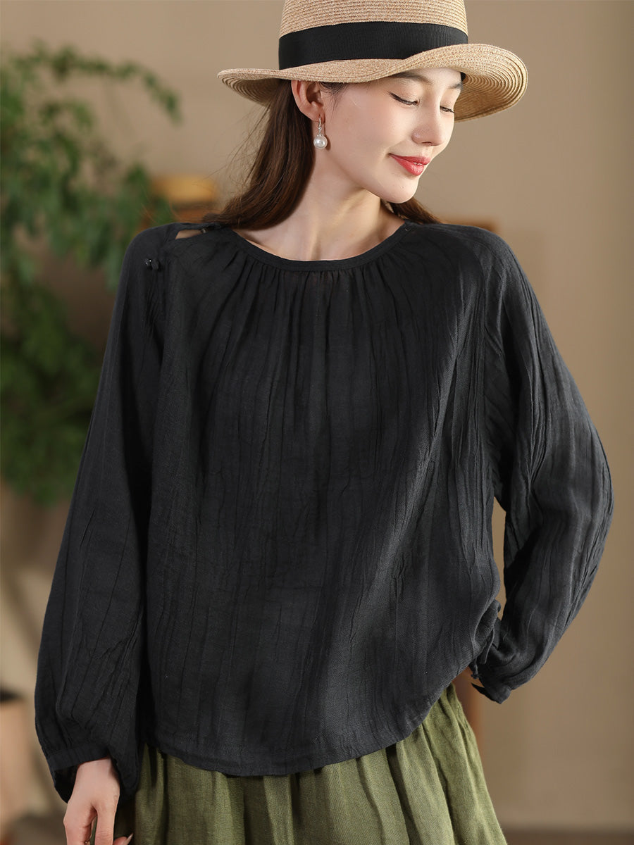 Women Summer Artsy Strap Hem O-Neck Ramie Blouse AS1026 BUYKUD