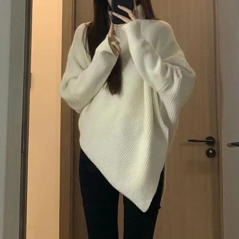 Winter Turtlenecks Women Korean Irregular Knitted Sweater Female Warm Solid Color Pullovers Lady Casual Loose Long Sleeve Jumper Furdela