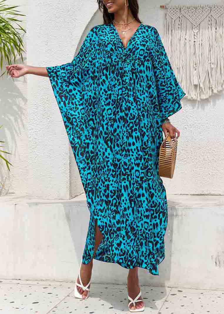 Blue Side Open Chiffon Sea Print Beach Dress V Summer Neck FashionChic