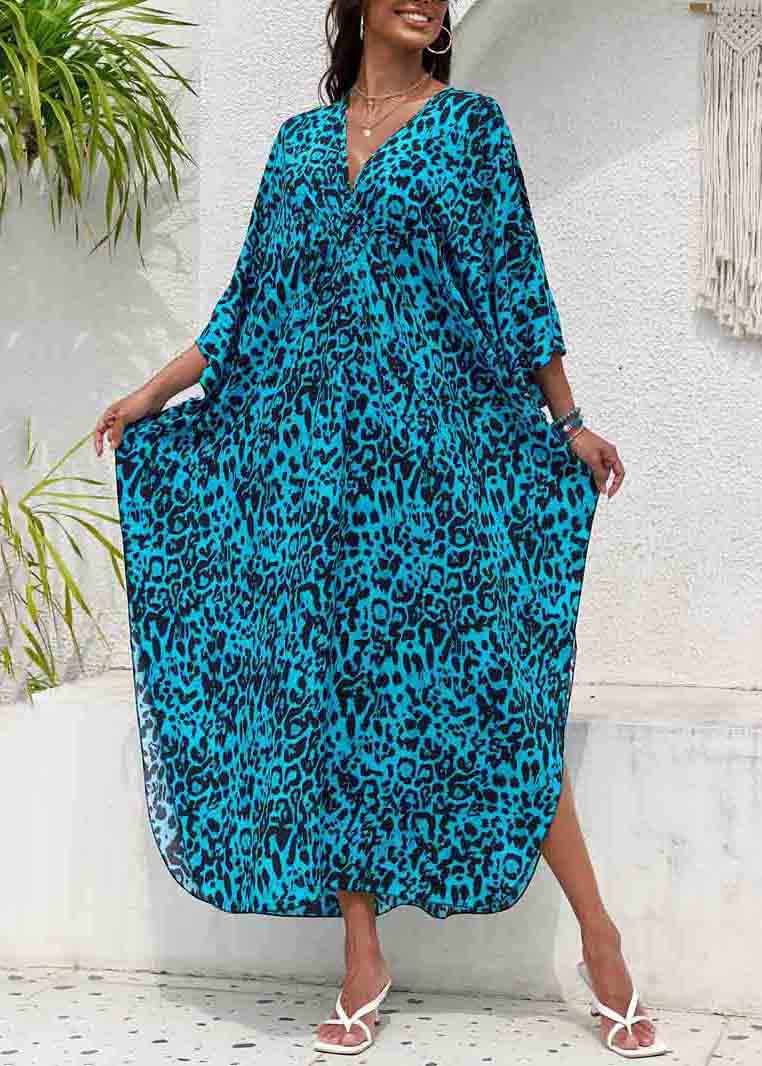 Blue Side Open Chiffon Sea Print Beach Dress V Summer Neck FashionChic