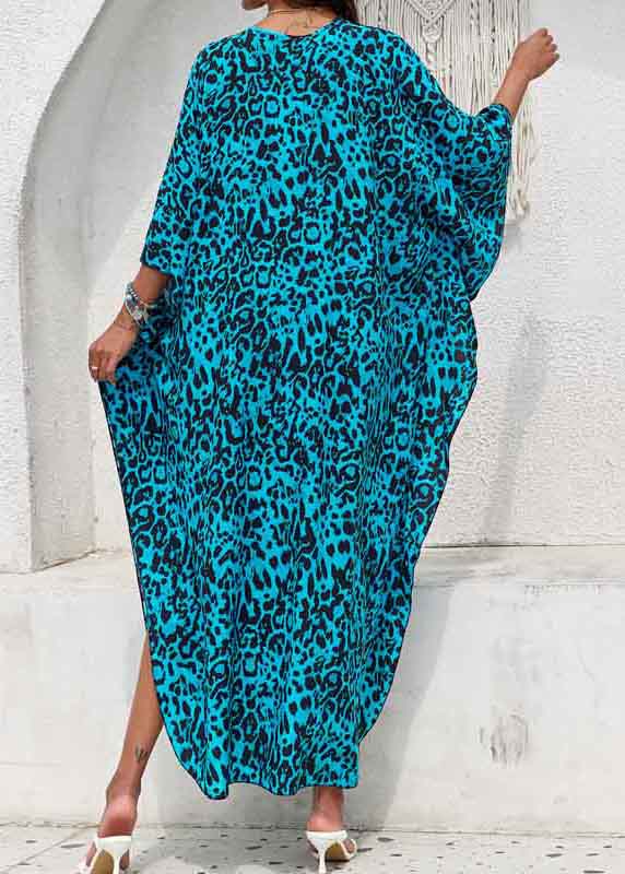 Blue Side Open Chiffon Sea Print Beach Dress V Summer Neck FashionChic