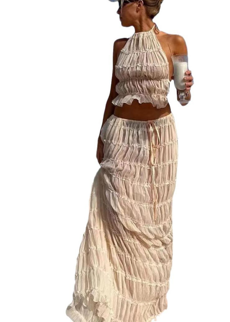 Sexy Wrinkled Halter Two Apricot Set Piece Backless FashionChic