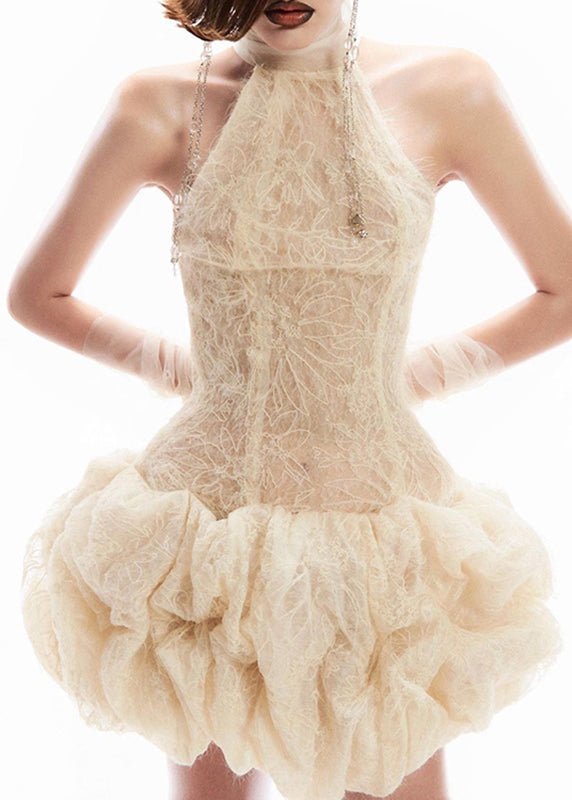 Apricot Sexy Lace Turtleneck Sleeveless Patchwork Dress Mid FashionChic