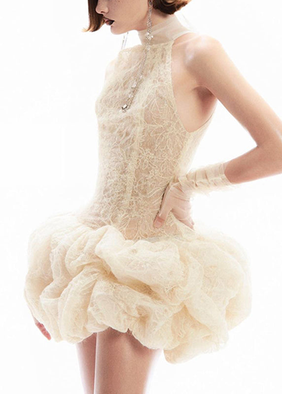 Apricot Sexy Lace Turtleneck Sleeveless Patchwork Dress Mid FashionChic