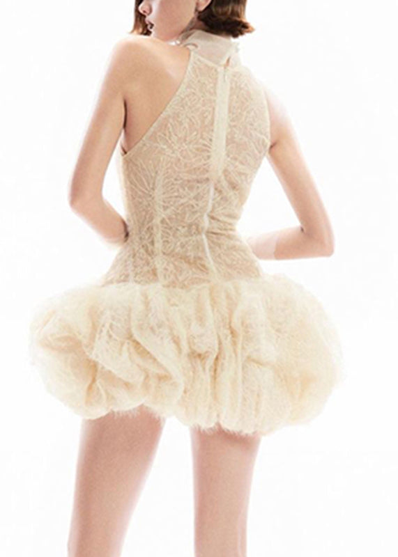 Apricot Sexy Lace Turtleneck Sleeveless Patchwork Dress Mid FashionChic