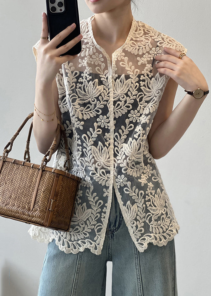 Sexy Beige V Neck Embroidered Floral Hollow Out Shirts Summer VB1076 Ada Fashion