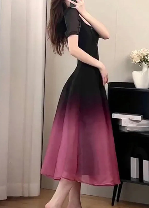 Sexy Black O-Neck Gradient Color Long Dresses Short Sleeve UU1059 SH-LF-SDL240526