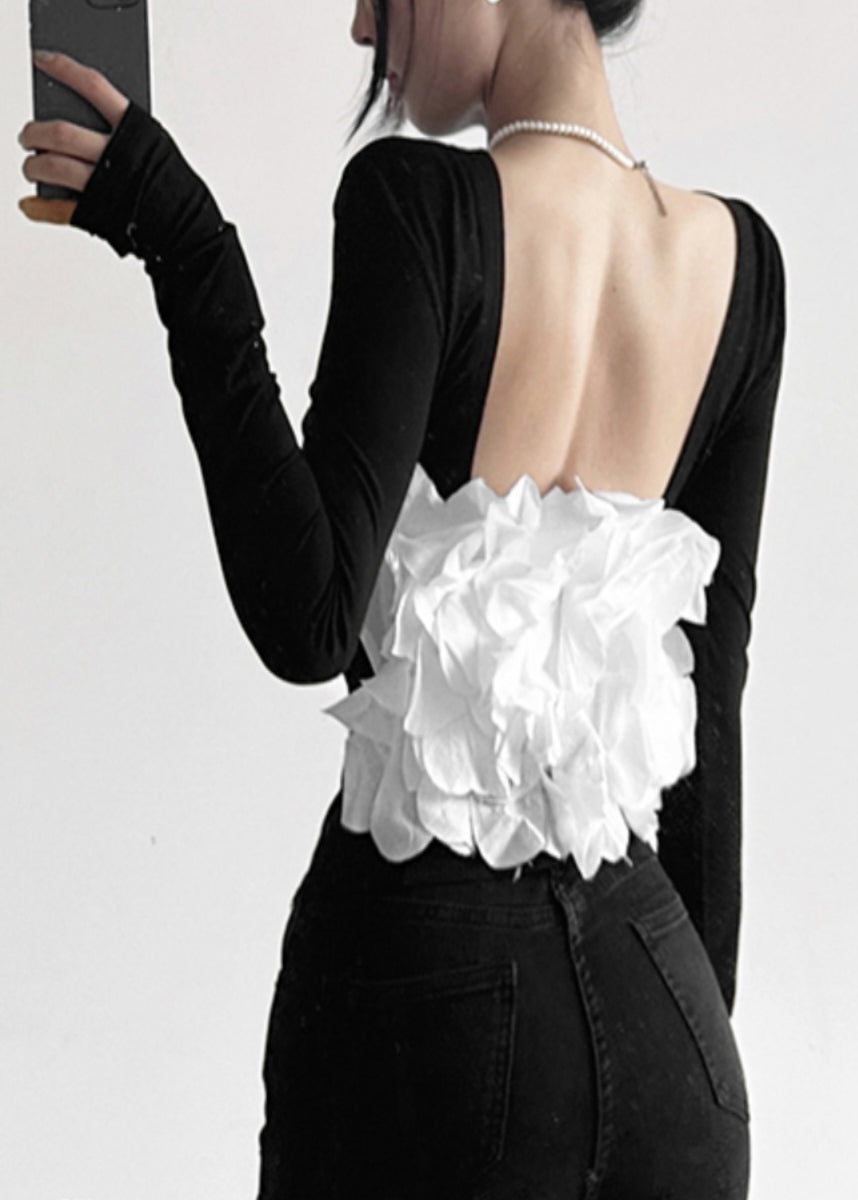 Out Sexy Patchwork Backless Fall Hollow Top Black FashionChic