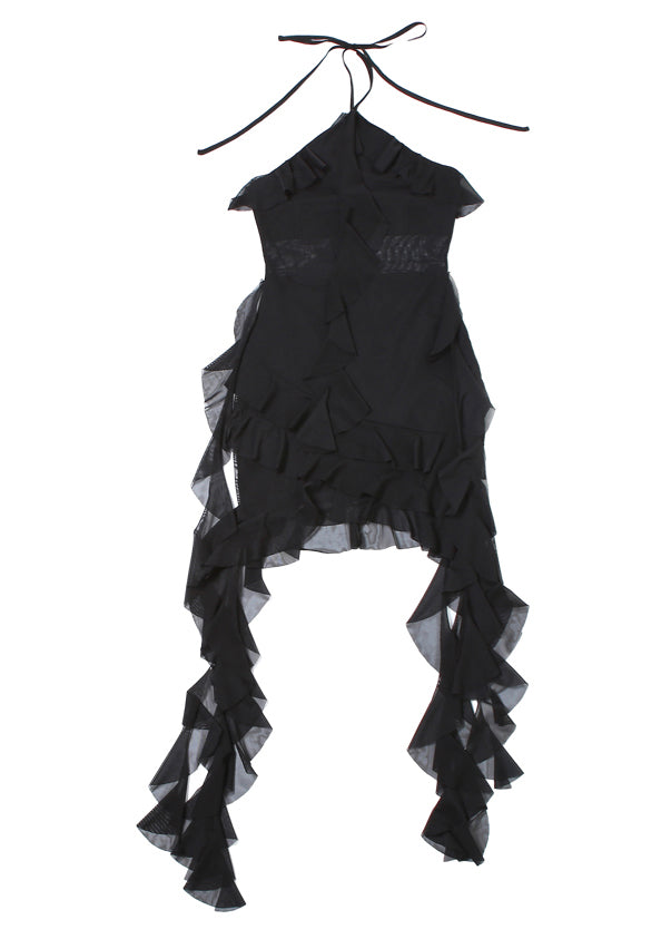 Sexy Black Ruffled Lace Up Tulle Mid Dress Sleeveless EE1042 SH-LF-SDM240517