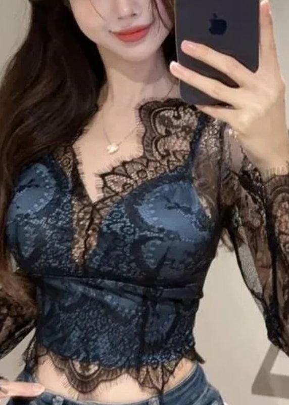 Hollow Out Black Spring Lace V Neck Sexy Shirt FashionChic