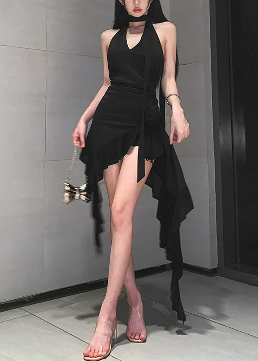 Sexy Black V Neck Lace Up Cotton Mid Dress Sleeveless EE1037 SH-LF-SDM240517