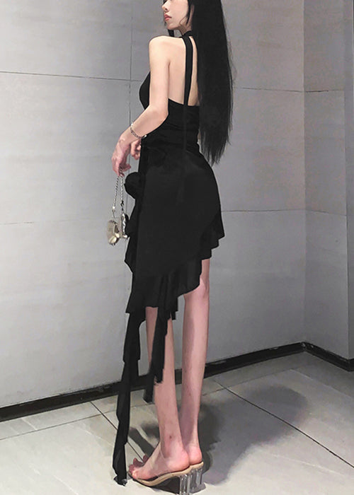 Sexy Black V Neck Lace Up Cotton Mid Dress Sleeveless EE1037 SH-LF-SDM240517
