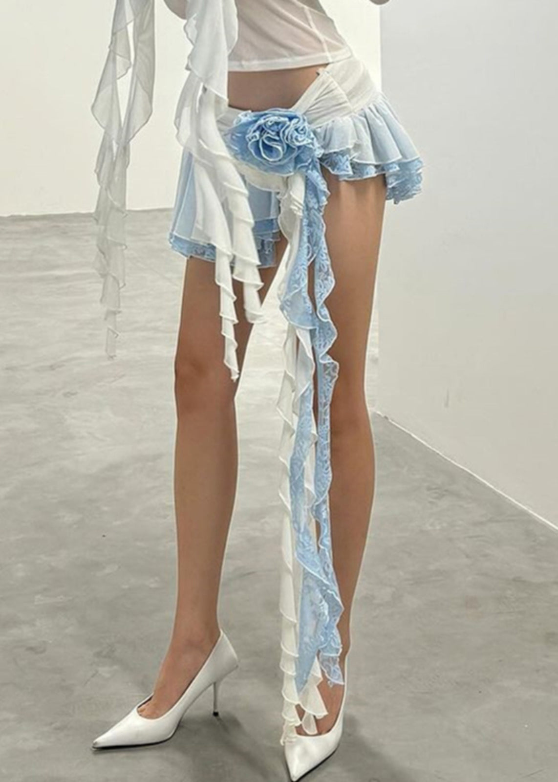 Sexy Blue Asymmetrical Elastic Waist Lace Skirts Summer EE1060 SH-LF-SKTS240517