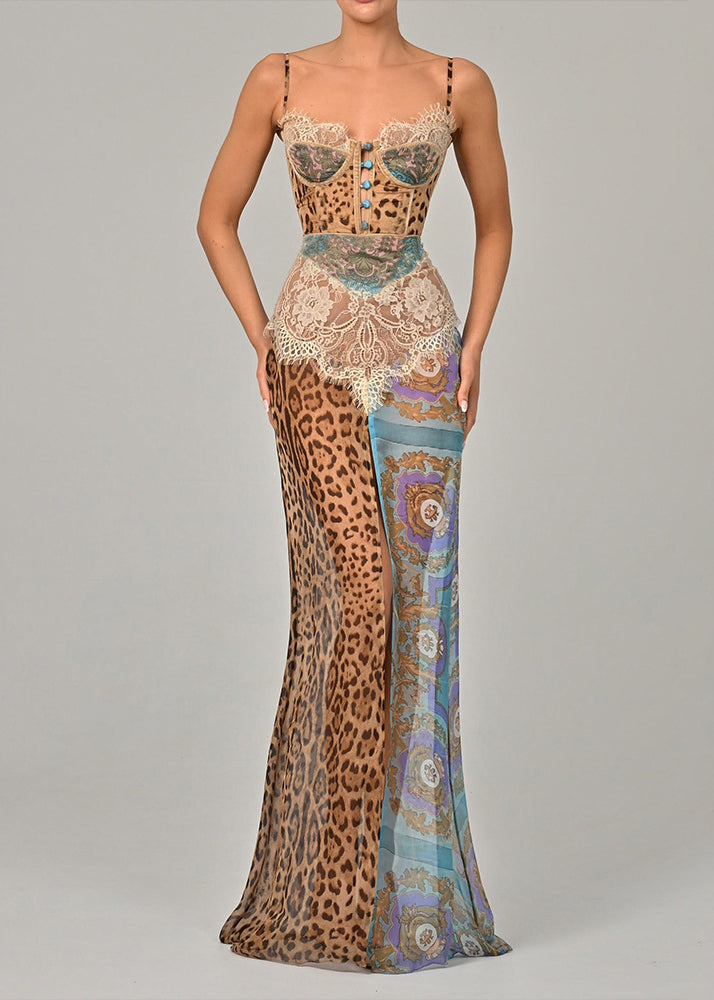 Dress Blue Chiffon Sexy Spaghetti Strap Patchwork Leopard Lace FashionChic