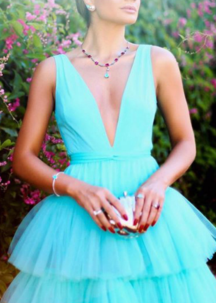 Sexy Blue V Neck High Waist Tulle Dress Sleeveless FF108 SH-LF-SDL240603