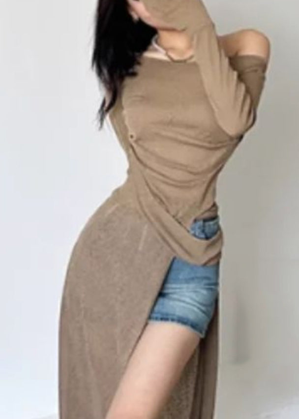 Open Sexy Shoulder Brown Dresses Side Maxi One Silk Asymmetrical FashionChic
