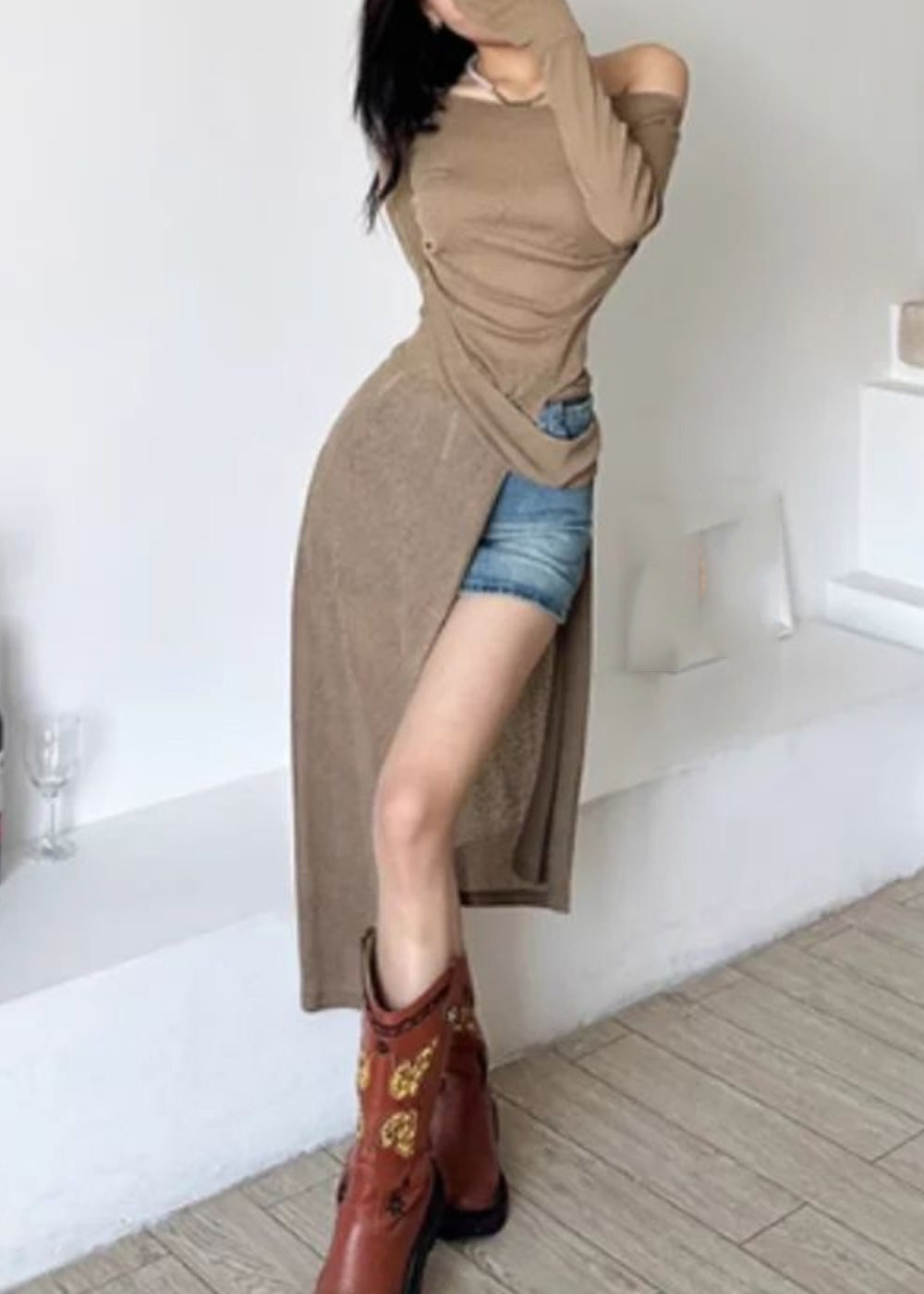 Open Sexy Shoulder Brown Dresses Side Maxi One Silk Asymmetrical FashionChic