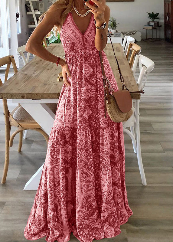V Strap Dress Long Green Holiday Neck Spaghetti Sexy Print FashionChic