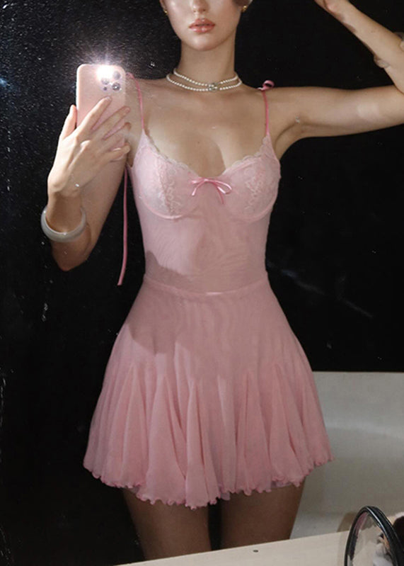 Strap Sexy Sleeveless Dress Spaghetti Tulle Patchwork Mid Pink FashionChic