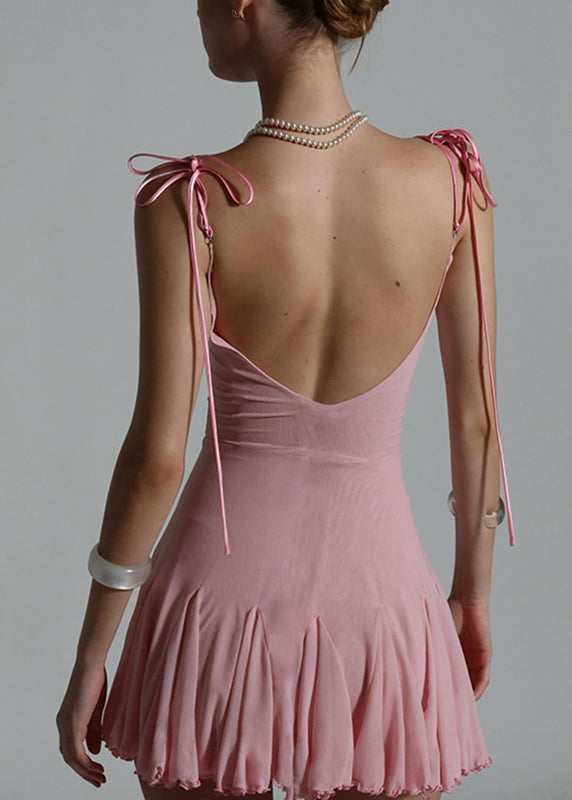 Strap Sexy Sleeveless Dress Spaghetti Tulle Patchwork Mid Pink FashionChic