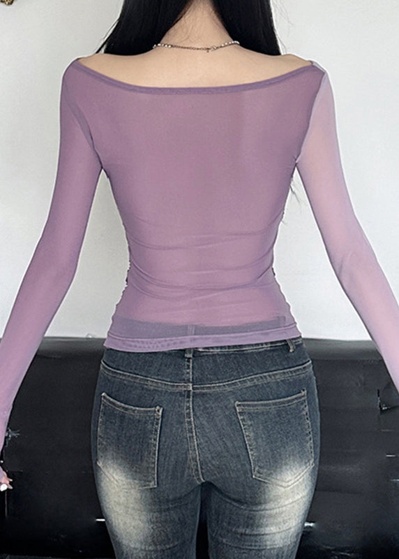 Spring Tulle Sexy Purple Top Neck Wrinkled Slash FashionChic
