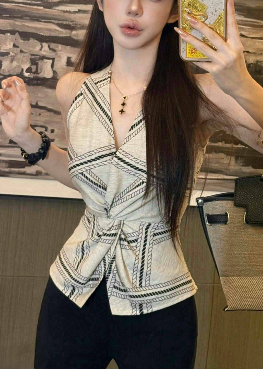 Summer Halter Fit Vests Sexy Open White Silm Print Side FashionChic