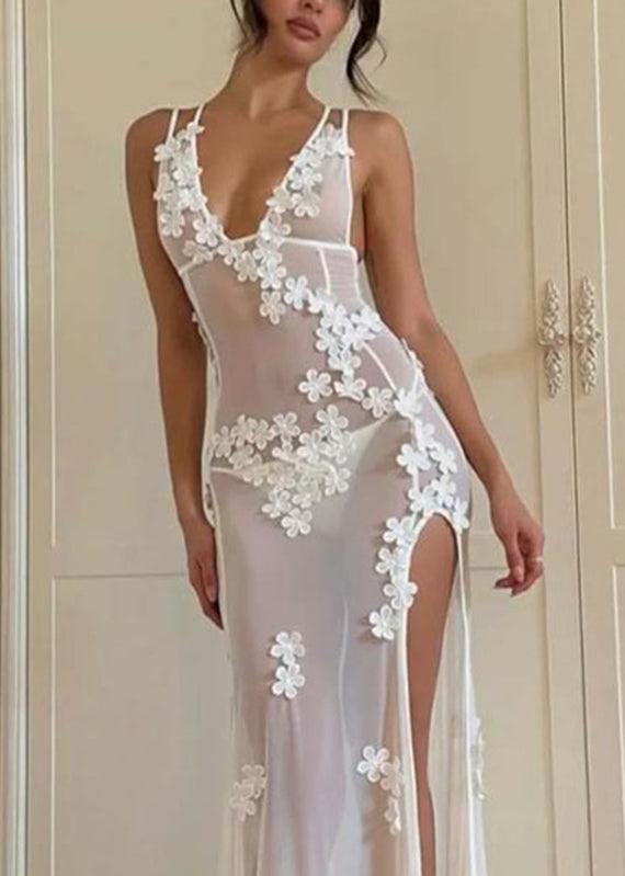 Long White Strapless Open Sexy Swimwear Flower Side Bikini FashionChic