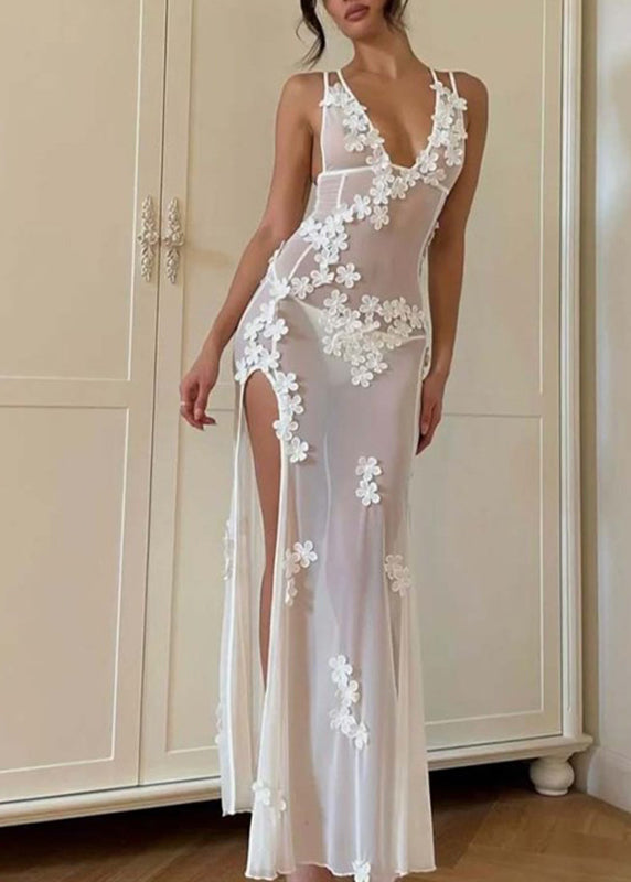 Long White Strapless Open Sexy Swimwear Flower Side Bikini FashionChic