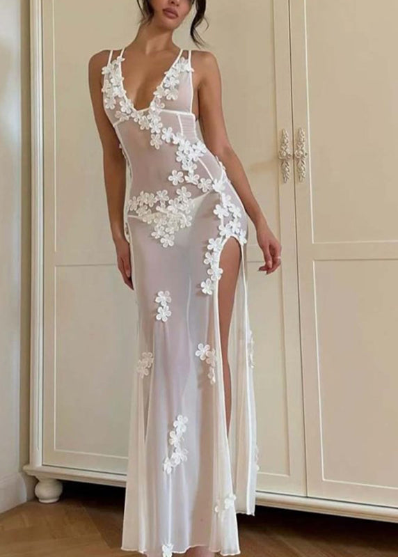 Long White Strapless Open Sexy Swimwear Flower Side Bikini FashionChic