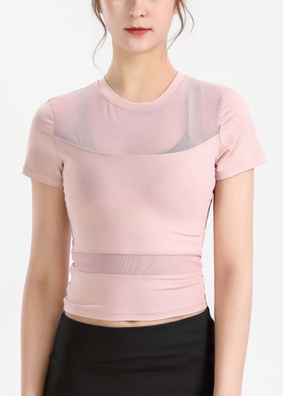 Patchwork Sleeve Tulle Yoga Sexy Top Short White FashionChic
