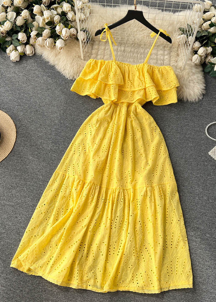 Sexy Yellow Slash Neck Hollow Out Cotton Spaghetti Strap Dress Sleeveless TR033 ZS-SDL240730