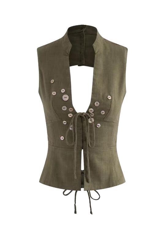 Backless Summer Silm Vest Lace Tops Army Green Up Fit FashionChic