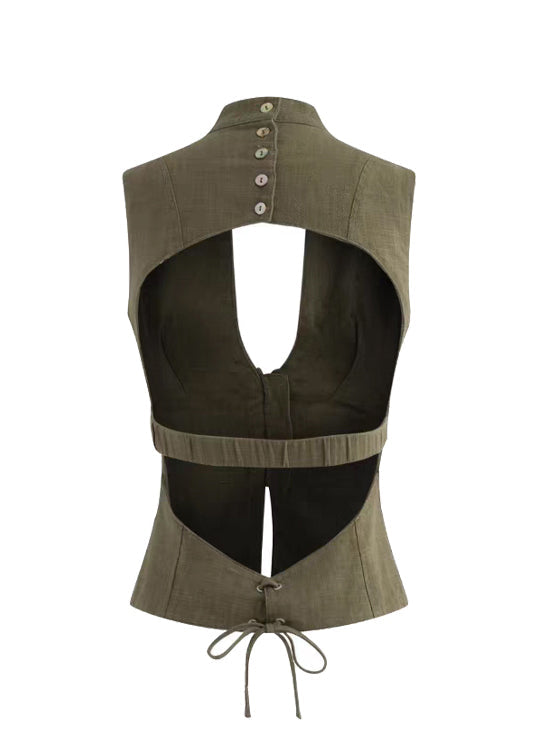 Backless Summer Silm Vest Lace Tops Army Green Up Fit FashionChic
