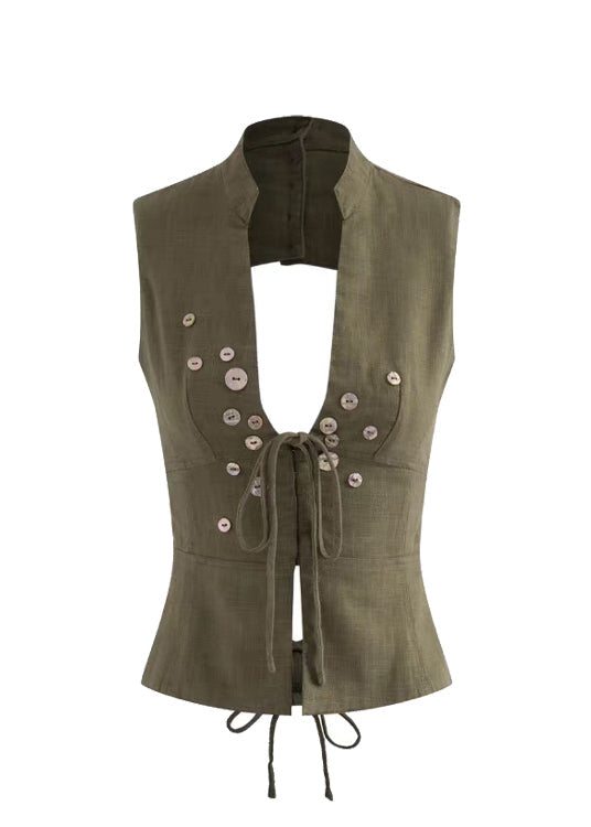 Backless Summer Silm Vest Lace Tops Army Green Up Fit FashionChic