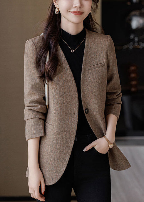 Silm Fit Brown V Neck Woolen Jacket Spring YJ015 ABC