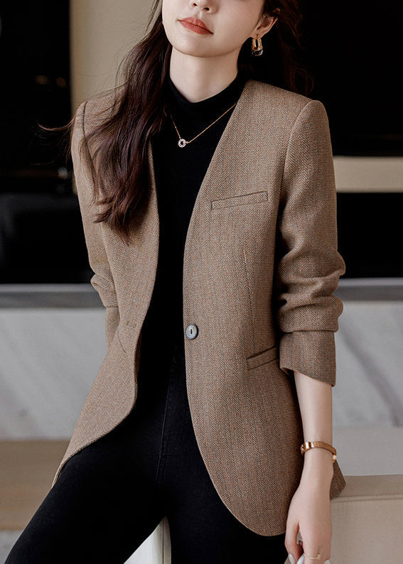 Silm Fit Brown V Neck Woolen Jacket Spring YJ015 ABC